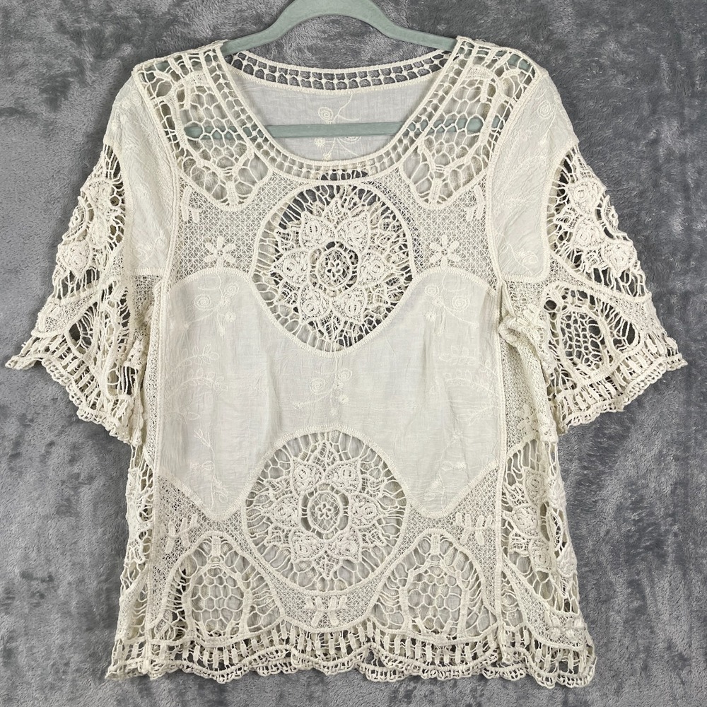 Crochet Blouse Womens Medium Cream Fairy Boho Romantic Summer Dreamy Beachy Top